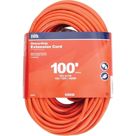 SJTW Extension Cord, 14 AWG, Outdoor, 14/3, 1 Outlets, Orange, 100 ft